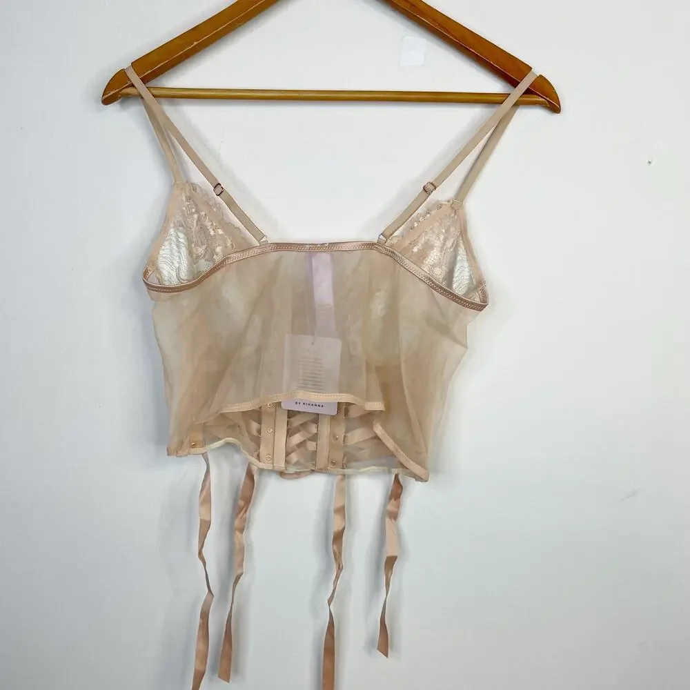 Savage x Fenty Laced Up Strappy Cami Corset Camisole Lace Mesh Bra Top L New